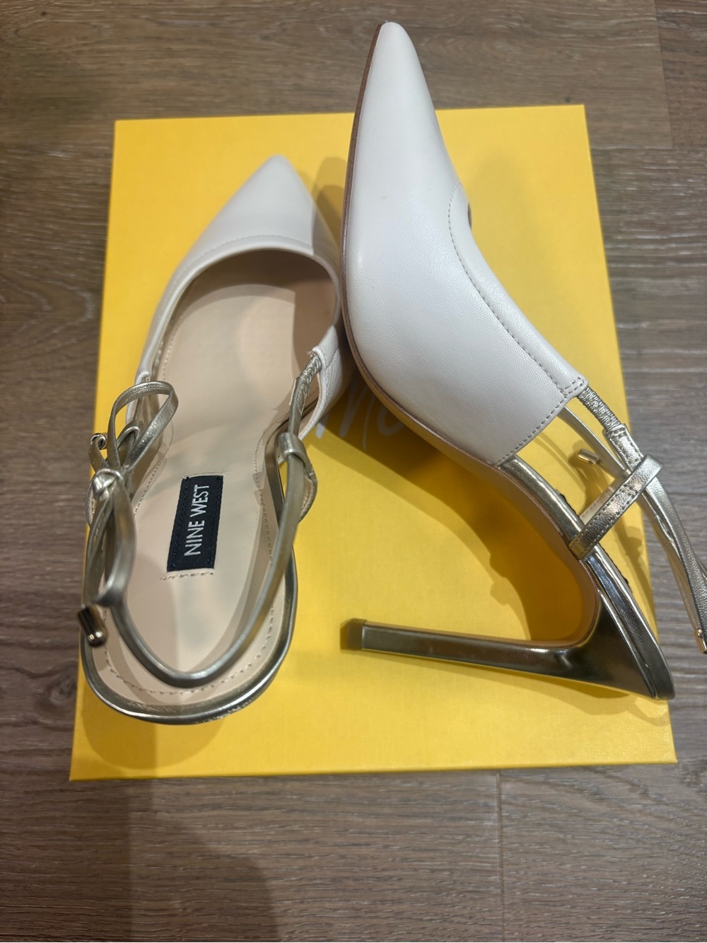 Nine West White Pumps with Silver Metallic Heel and Ankle Strap